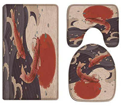 A.Monamour Badezimmer Badematte 3 Teilig Set Karpfenfisch Ozean Wellen Der Japanischen Art Rote Sonne Flanell WC Toilette Deckel Deckt Bad Matte Teppich Badteppiche Badvorleger Badgarnitur Vorleger
