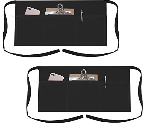 TOPTIE Lot de 2 tabliers de taille de serveuse serveur serveur Bistro avec 3 poches, demi-tabliers de chef de cuisine de restaurant, 61 x 30,5 cm H-noir