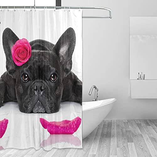 FANTAZIO Rideau de douche bouledogue français avec rose en polyester avec crochets épais en forme de C pour salle de bain, imperméable, durable et super imperméable 152,4 x 182,9 cm