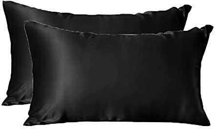 THXSILK 2er Set Kissenbezüge Seide 25 Momme - 100% Natürliche Seide Kopfkissenbezüge mit Reißverschluss für Haare - 2 Stück, Schwarz, 40x80cm