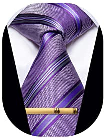 YourTies Cravate pour homme et pince à cravate dorée rayée à carreaux pour homme en soie tissée jacquard, lilas, taille unique