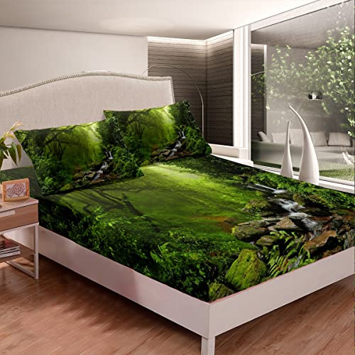 Wooden Fitted Sheet Tree Bedding Sheet Creek Nature Scenery for Kids Boys Girls Microfiber Double Size