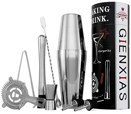 Juego de coctelera para cócteles, Kit de Coctelería, Coctelera Boston de 9 piezas, acero inoxidable duradero, colador, vertedor, mezclador, incluye caja de regalo personalizada (Acero inoxidable)