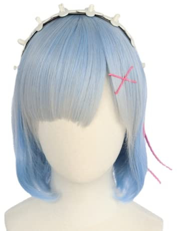 Anime Cosplay Costume Re:Life in a different world from zero Rem Perücke, Frauen Mix Blue Short Hair Natural Bob Perücken, mit Kopfschmuck Perückenkappe, für Halloween, Party