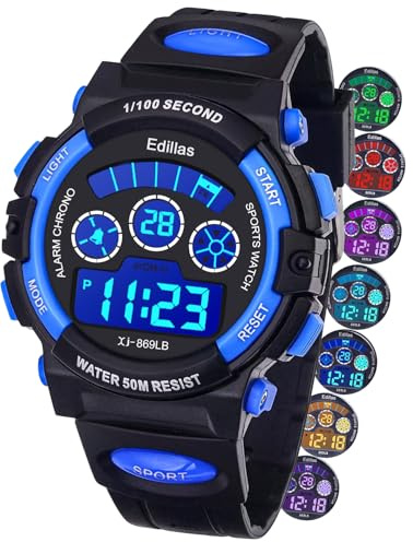 Edillas Boys Watch Digital, 7 Colors LED Lights 50M Waterproof Wristwatches for Child Sport Outdoor Multifunctional with Stopwatch/Alarm for Kids Ages 7-15