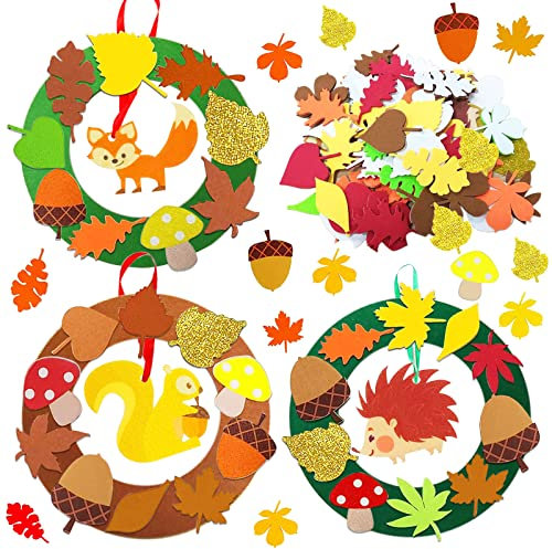 JOKILY 131 Stück Herbst Basteln Kinder Set, Filz Bastelset für Deko, Igel, Herbst Kränze Mit Igel, Eichhörnchen, Fuchsmuster zum Gestalten und Dekorieren