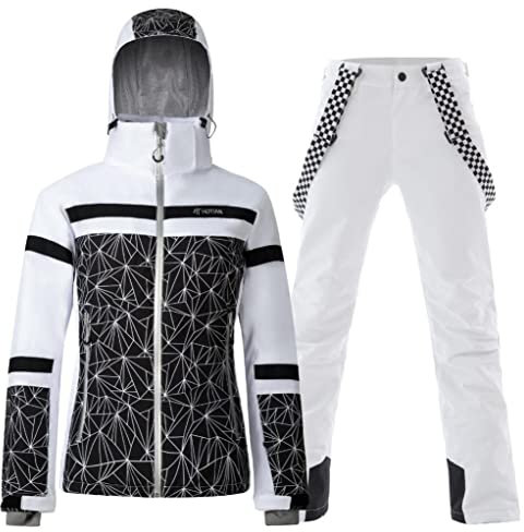 GS SNOWING Damen Ski Jacken und Hosen Set Winddicht Wasserdicht Isoliert Schneeanzug Winter Warm Snowboard Schnee Mantel, #002 Schwarz + Weiß, X-Large