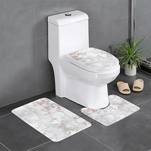 OGNOT White Marble Rose Gold Bathroom Rug Sets 3 Piece, Contour Mat,Non Slip Rugs Absorbent Bath Mats, for Bathroom, Shower