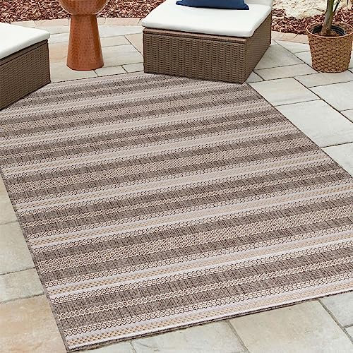 HomebyHome Outdoor Teppich Wetterfest 280x370 cm Sisal Optik Streifen Design Rechteckig Beige - Balkon Teppich Wasserfest Wascbarer Küchenteppich - Für Garten, Terasse, Camping, Außen, Balcony Carpet