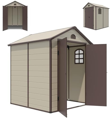 RELAX4LIFE Abri de Jardin 6M3 en PVC avec Porte Verrouillable, Cabane de Jardin 190X192X226 CM avec Toit en Pente, Fenêtre & Rampe pour Vélo, Abri à Outils pour Jardin Patio Terrasse