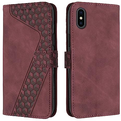 TOHULLE for iPhone XS Max Case, Premium Leather Wallet Case Card Holder Kickstand Magnetic Closure Plaid Pattern Embossed Design Flip Folio Wallet Cover for iPhone XS Max - Wine Red