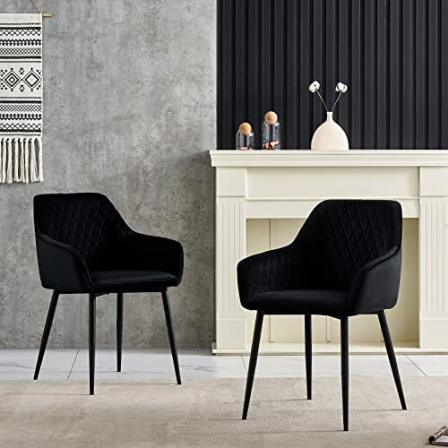 JYMTOM Chaises Salle à Manger, Lot de 2, Velours Chaise Rembourrée, Chaise de Salon avec accoudoirs, Structure en métal, Fauteuil avec Dossier, pour Bureau, Cuisine, Salon(2, Noir)