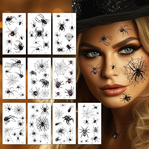 Spinnen Halloween Tattoo Gesicht, 10 Blätt Hexen Kostüm Accessoires Gesichtstattoo Halloween Schminke, Gruselig Aufkleber Gesicht für Erwachsene Kinder