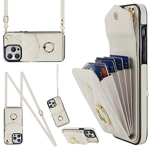 Ykerey Hülle für iPhone 12/12 Pro hülle mit Band Kette Schutzhülle mit Kartenfach PU Leder Metall Ring Halter RFID Standfunktion Brieftasche Cover für iPhone 12/12 Pro, Beige