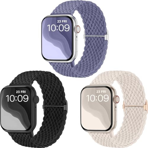 CeMiKa Correas Trenzada para Correa Apple Watch 41mm 42mm 40mm 38mm, Pulsera de tela deportiva elástica solo loop de nylon para iWatch Series 10 9 8 7 SE 6 5 4 3 Ultra 2, Mujere Hombre, Paquete 3