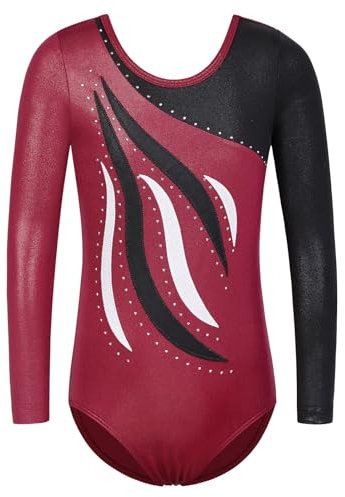 XFGIRLS Gymnastikanzug für Mädchen, langärmelig, glitzernd, glänzend, athletisch, Ballett, Tanz, Turnanzug, 3–14 Jahre, weinrot, 11-12 Years