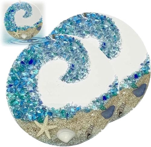 2 Stück Meer Glas Sonnenfänger, Wellen Crashing on The Beach Hanging Ornaments, Beach Glass Suncatcher on Acrylic Circle, Ocean Pendant Beach Hanging Ornament Transparent Acrylic Memorial Crafts