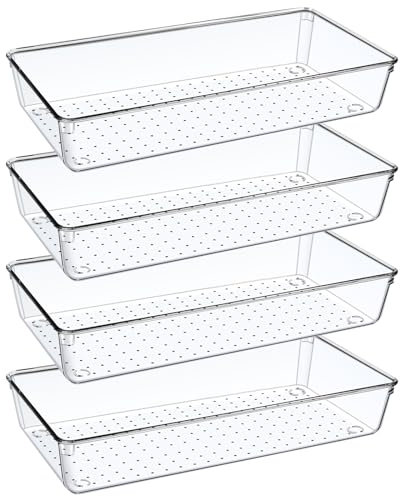 Set di 4 Organizer Cassetti Cucina Trasparente, 30CM Plastica Organizer per Cassetti Bagno Scrivania Letto Scatole Cassetto, per Contenitori Trucchi Posate Gioielli Organizzatore Cassetti Portaoggetti