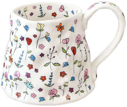 Movlen Ceramic Coffee Mug Cute Handmade Flowers Creative Mugs Design Printed Flowers Cup for Office and Home 18 oz/500 ml for Latte Tea Milk (White), M1010