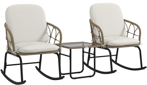 Outsunny 3-TLG. Rattan Schaukelstuhl-Set, Gartenmöbel-Set mit 2 Schaukelstühlen, 1 Couchtisch, Gartensitzgruppe mit Kissen, für Balkon, Terrasse, Creme