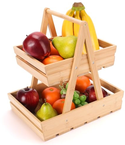 Aniston Obstkorb mit 2 Ebenen, Bambus-Obstschalen-Halter, Brot-Gemüse-Regal, Aufbewahrungsständer für Küche, Arbeitsplatte, Snacks zu Hause, Küche und Büro