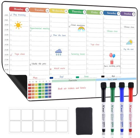 POPRUN Magnetic Calendar Weekly Planner Whiteboard for Fridge, A3 Family Schedule Planner with Time Slots, Reusable Dry Erase Board, Meal Planner Board Monday to Sunday, Chore Chart, Fridge Organisers