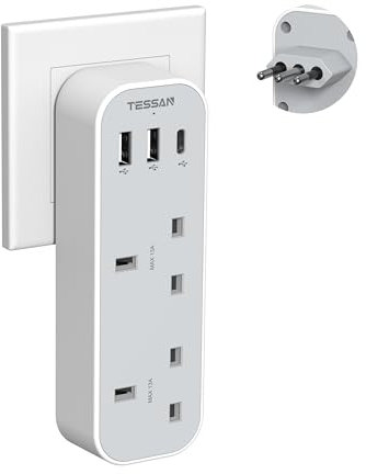UK to Italy Plug Adapter, TESSAN Italian Travel Adaptor with 3 USB Ports (1 USB C), 2 Way Grounded Type L Adapter for Italy Chile Ethiopia Libya Syria Tunisia Uruguay