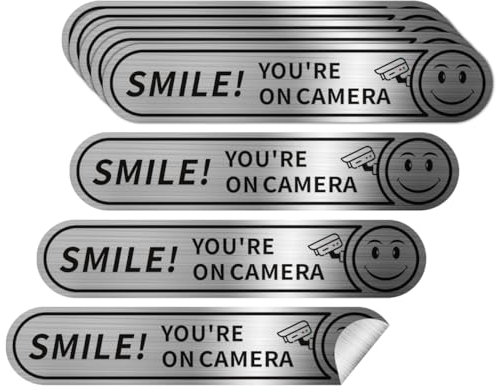 8 pieces Smile You're On Camera Stickers for Cars, Brushed Silver 24 Hour Video Surveillance Sign Sticker,5inx1in