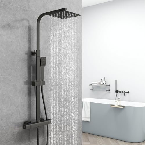 AICA Colonna Doccia con Miscelatore Termostatico, Rubinetto Doccia 283x40mm, Soffione Doccia Quadrato in Acciaio Inox 20x20cm, Altezza Regolabile 730-1150mm, Set Doccia Completo Nero