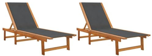 vidaXL Lot de 2 Chaises Longues, Bain de Soleil, Transat de Terrasse, Siège de Jardin Patio Balcon Extérieur, Noir Bois d'Acacia Solide et Textilène