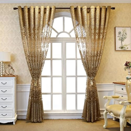 Daesar Vorhänge Gold 2er Set, Vorhänge Halbtransparent mit Ösen Nordisch Jacquard 96x138CM Gardinen und Vorhänge für Schlafzimmer Wohnzimmer Esszimmer Küche