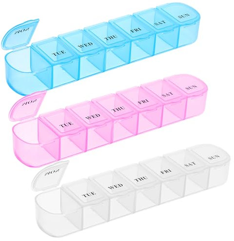 Gjinxi 3 Stück Tablettenbox 7 Tage, Pillendose 7 Fächer Medikamentenbox Tragbarer Pillenbox für Medikamente Vitamine Fischöl Nahrungsergänzungsmittel (3 Farben)