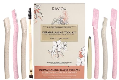 Eyebrow Razor for Women – 6 Dermaplaning Blades for Face with Tweezers & Eyebrow Brush – Facial Hair Removal, Exfoliating, Eyebrow Shaping & More