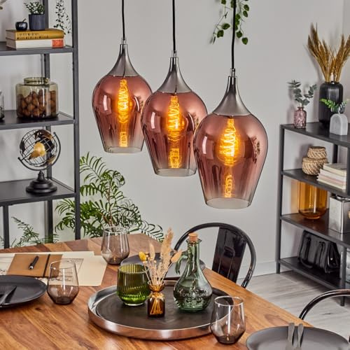 HOFSTEIN Hängeleuchte Lutarp, 3-flammige Hängelampe aus Metall/Glas in Chrom/Schwarz/Kupfer/Klar, Retro/Vintage-Design (Ø 17,5 cm), E27, Pendelleuchte verstellbar 119 cm, Esszimmer, Wohnzimmer, Küche