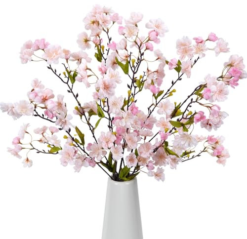 HUAESIN Lot de 3 fleurs de cerisier artificielles en soie - Branche de cerisier en plastique - Pour fête, bureau, mariage, balcon, jardin, vase - Rose