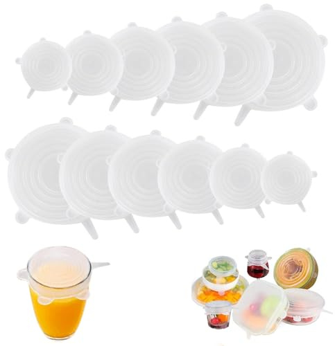 12 Stück Silikondeckel, Silikondeckel Dehnbar, Silikon Stretch Deckel Wiederverwendbar Silikon Abdeckung, Rund Silicone Lids, Silikondeckels für Schüsseln Anwendbar auf Schüsseln, Becher, Dosen, Obst