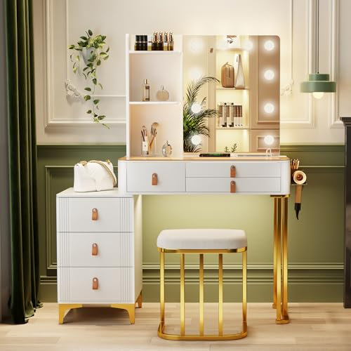 FREDEES Dressing Table with Hollywood Mirror and Lights, Vanity Desk Organizer Modern Makeup Vanity Set with 3 in 1 Charging Station for Bedroom, Large Storage Vanity Table with Drawers (85009 White)