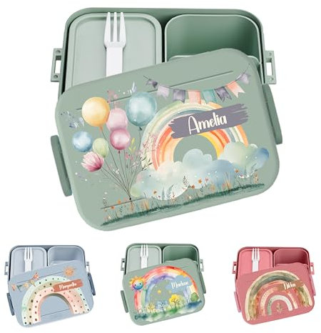 Personalisierte Mepal Brotdose Kinder mit Fächern und Namen - Regenbogen Motive Lunchbox für Schule und Kindergarten - Vesperdose Mädchen Einschulung