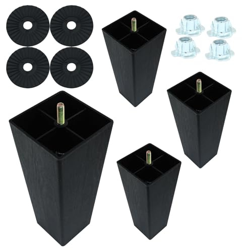 Auvotuis Lot de 4 pieds de meubles carrés en plastique de 20,3 cm, pieds de canapé noirs, filetage M8 (8 mm), pieds de meubles de rechange pour lit, chaise, ottomane