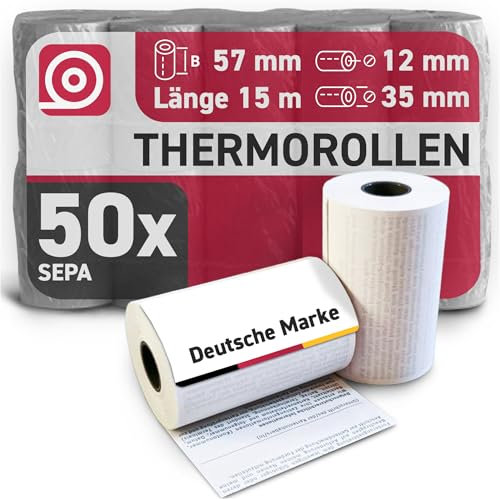 Gebongt24 Thermorollen 57 mm x 15m x 12mm mit 48g/m² – phenolfrei mit SEPA-Lastschrifttext – 50 Kassenrollen mit ⌀ 34 mm – für EC-Cash & Kassenbondrucker