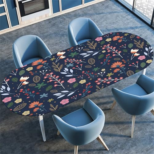 Highdi 3D Mantel Oval con Bordes Elástica, Mantel Mesa Oval Ajustable y Antimanchas Protector de Mesas Oval para Jardín Exterior Comedor Cocina (Plantas y Flores 5,107x152cm)