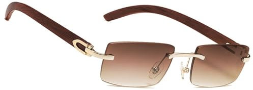 MEGAVOW Retro Randlose Sonnenbrille, Brillenband, Rechteck Ultra-Small Frame Sonnenbrille, Sonnenbrilles mit Holzimitat Beinen für Herren und Damen, Klassische Retro