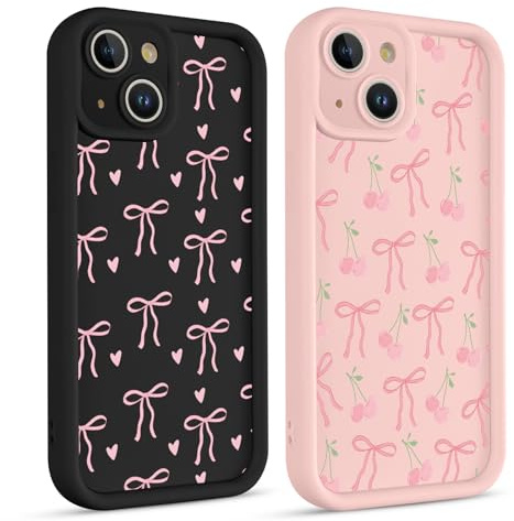 Krdvekm 2 Stück Handyhülle für iPhone 13 Hülle 6,1'', Aesthetic Motiv Schleifen Herz Muster Design, Weiche Bunt Silikon TPU Bumper Ultra Dünn Stoßfest Kameraschutz Schutzhülle Case für Mädchen