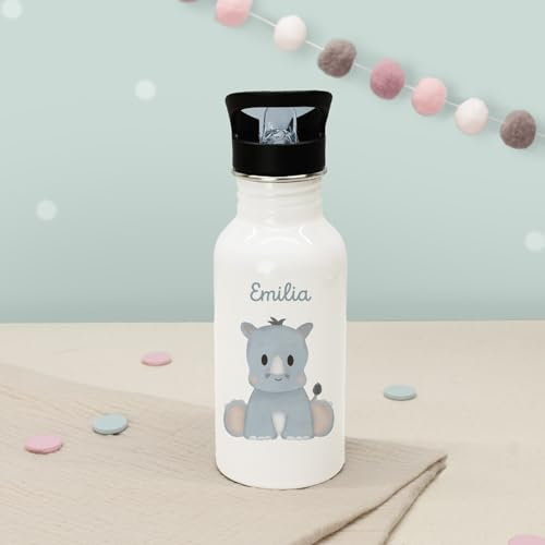 Hellomini Personalisierte Kinder-Trinkflasche 500ml – Edelstahl, Weiß, mit Trinkhalm & Wunschname – viele süße Tiermotive – Thermoflasche Schule Kita (Nashorn, 500 ml)