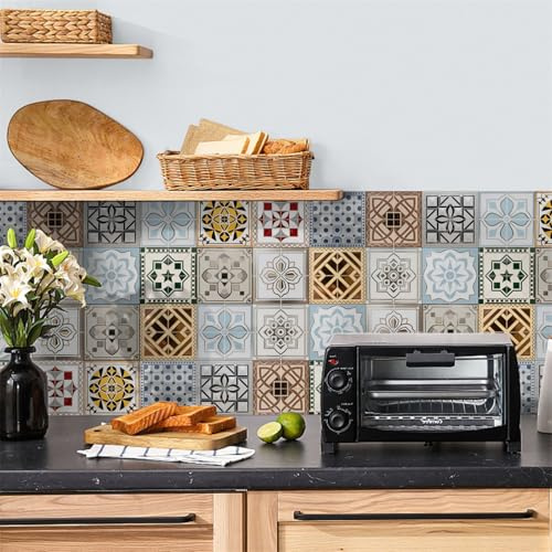 Piastrelle Cucina Ceramica 15X15Cm Bianco Blu Sticktiles Piastrelle Da Parete In Buccia E Bastone,Adesivi Piastrelle Bagno,Pvc Resistente Al Calore Impermeabile Piastrelle