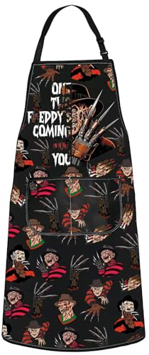 WZMPA Horror Freddy Grillschürze, Handschuh, Killier-Fans, Geschenk, Handschuhe, Töten, verstellbare Schürze mit Taschen, Grusel-Killer-Merch (1 x 2 Ap)