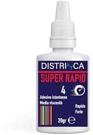 DISTRICA Super Rapid 4 - Colla liquida istantanea extra forte 20 g - Supercolla media viscosità con punta fine antigoccia - Trasparente, ad asciugatura rapida, adesivo universale.