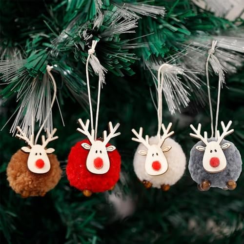 Fesnova Handgefertigte Weihnachtskugeln mit Rentier Design,Filzanhänger Weihnachten Pom Pom Christbaumschmuck in Rot, Grau und Braun,4 Stück für Weihnachtsbaumschmuck, Flauschige Baumwoll-Deko