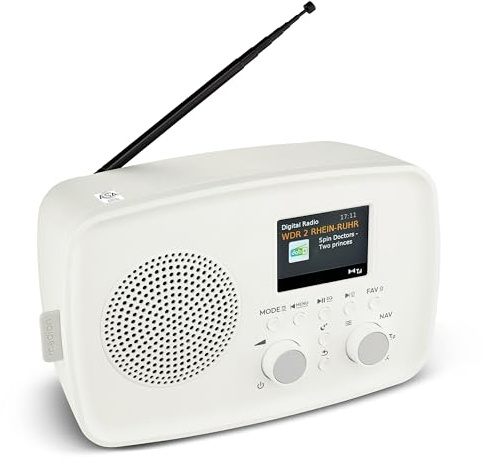 MEDION radio DAB+ con Bluetooth DRE-1 (DAB Plus, radio FM, protezione antigoccia, antenna telescopica, sveglia, funzione snooze, regolazione display, sistema di allarme ASA), bianco