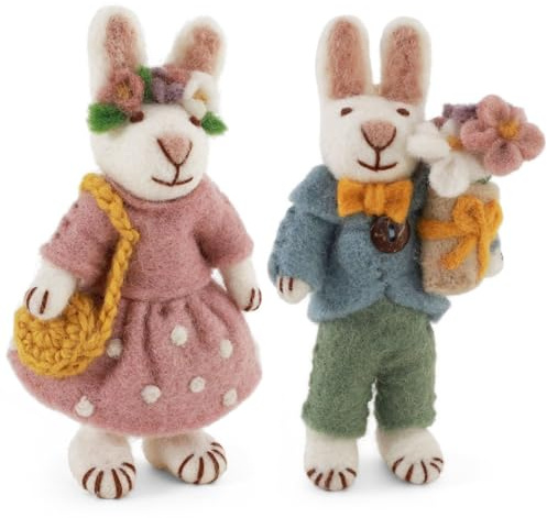 Gry & Sif Handgemacht & Fairtrade-Zertifiziert Stilvolles dänisches Design x Nepali Kunsthandwerker | Kleine weiße Hasen – Mädchen mit Lavendelkleid & Junge mit Blumen | Oster-deko